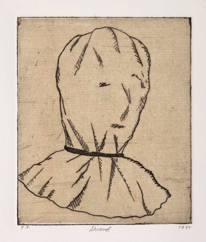Print on light brown paper of a mask, tied at what appears to be the neck, some facial features barely visible.